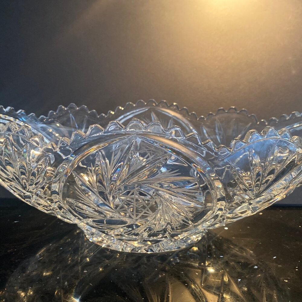 American Cut Eleanor Vtg Oval Serving Bowl Pinwheel, Fan &Star-Centerpiece-12.5"